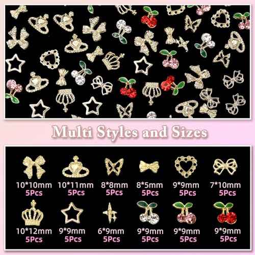 2 Boxes 300 Pcs Gold Nail Charms, Cherry Nail Charms, Bows Star Heart Crosses Butterfly Crown Nail Gold Charms, Multi Shapes Golden Nail Art Studs, Y2K Gold Charms for Nail DIY