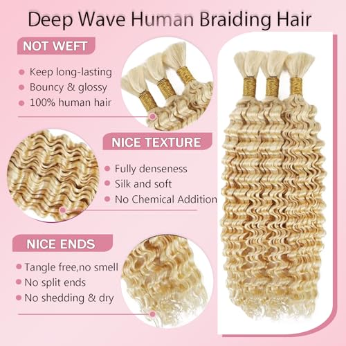 Weeybay Blonde Deep Wave Human Hair Extensions 20 Inch 3 Bundles for Braiding