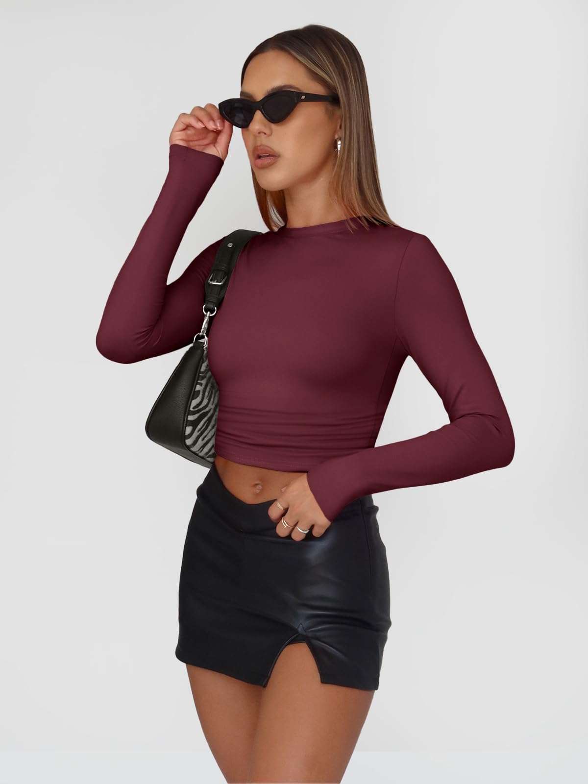 Trendy Queen Womens Long Sleeve Shirts Basic Spring Crop Tops Tees Tight Slim Fit Cute Going Out Outfits Teen Girls Fall Winter Y2k Clothes 2024 Wine Red XS