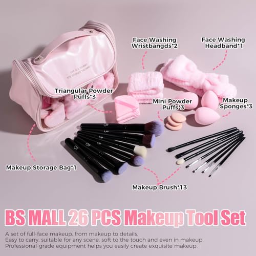 BS-MALL Makeup Brush Set with Waterproof Travel Bag & Makeup sponges -26 Pcs Set Triangle Puff & Face Washing Puffs,Face Wash Headband Wristband for Travel Go Camping Gift & Makeup Beginners (Pink)