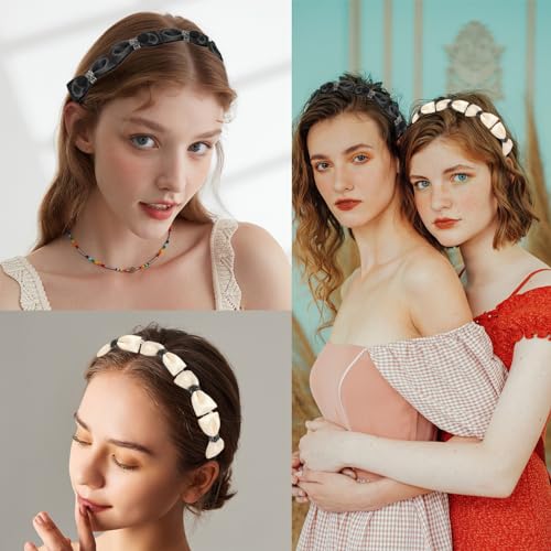 Kasmena 2Pcs Bow Headbands for Women Rhinestone Bow Headband for Girls Bow Hairband Non Slip Satin Headbands for Thick Thin Hair Accessories,Black White