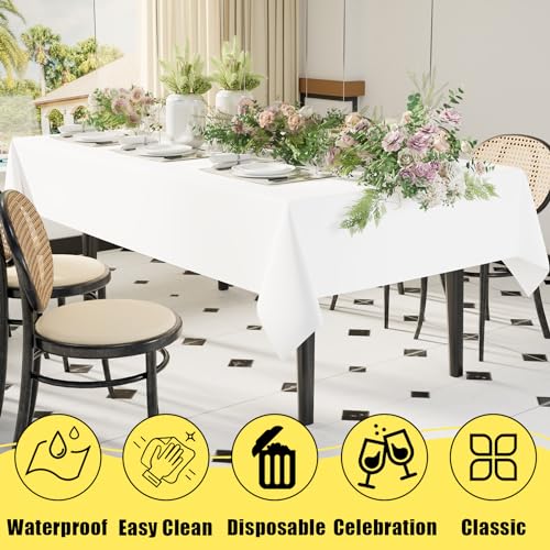 Smiry Disposable Table Cloth - 6 Pack, 54 x 108 Inch Table Cloths for Parties, Decorative Tablecloths for Rectangle Tables, Waterproof Plastic Table Cover, Leakproof & Sturdy, White