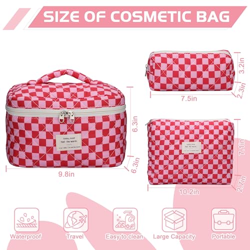 Quilted Makeup Bag Set - 3 PCS Cute Floral Cotton Makeup Bag, Large Coquette Aesthetic Make up Cosmetic Bag, Flower Travel Toiletry Organizer Bags for Women Girls