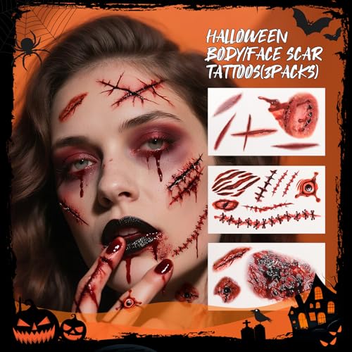 docolor Makeup Brush Set,5PCS Halloween Goth Makeup Brushes Powder Contour Eyeliner Brow Eyeshadow Brush Set with 9 Colors Halloween Eyeshadow Palette,1PC Makeup Sponge Puff&3PCS Halloween Scar Tattoo