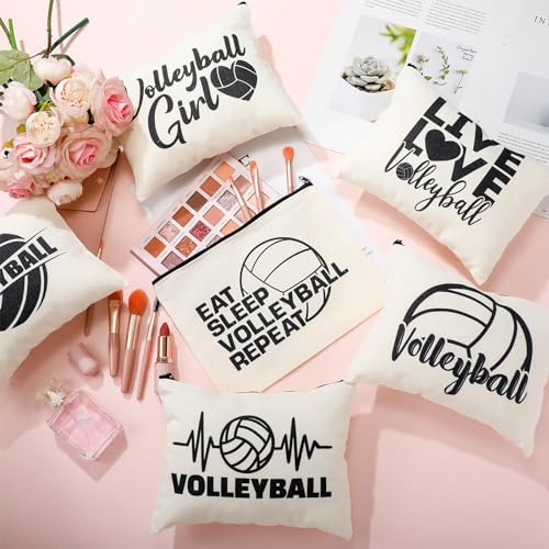 18 Pcs Volleyball Basketball Gifts for Women Cosmetic Bag Canvas Tote Bags Set for Teen Makeup Travel Players Teams(Volleyball)