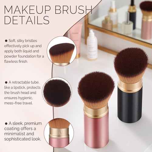 Retractable Kabuki Makeup Brush - Portable Travel Face Brush with Cover, Soft Synthetic Bristles for Blush, Bronzer, Powder, Foundation & Sunscreen, Flawless Application On-the-Go (Rose gold)