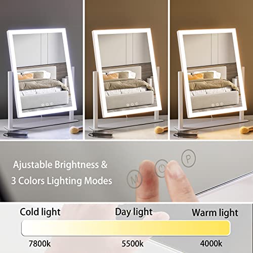 HIEEY Lighted Makeup Mirror, 17.4" L x 13.1" W Hollywood Vanity Mirror with Lights, Three Color Lighting Modes, with 4in 20X Magnification Mirror, Smart Touch Control, 360¡ÆRotation (White,Gift Box)