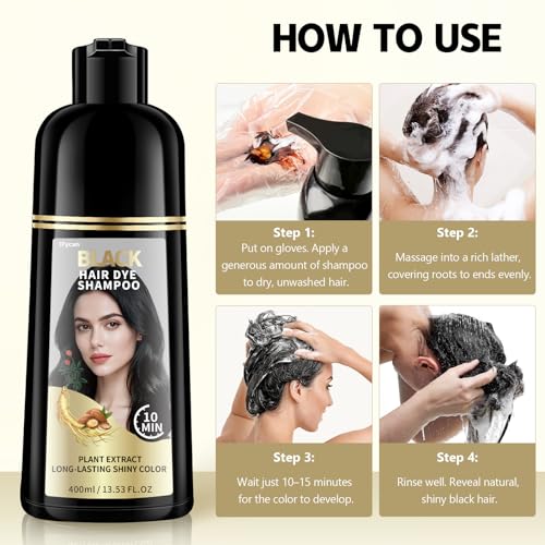 Black Hair Dye Shampoo - 100% Gray Coverage, 10-15 Mins