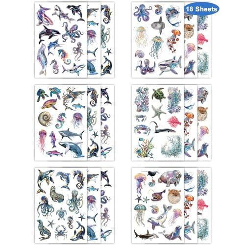 YanZonic 210Pcs Ocean Life Temporary Tattoos - Shark Tattoos Temporary for Kids, Whale Jellyfish Octopus Tattoo Non-Toxic, Under the Sea Party Decorations, Aquatic Marine,18 Sheets