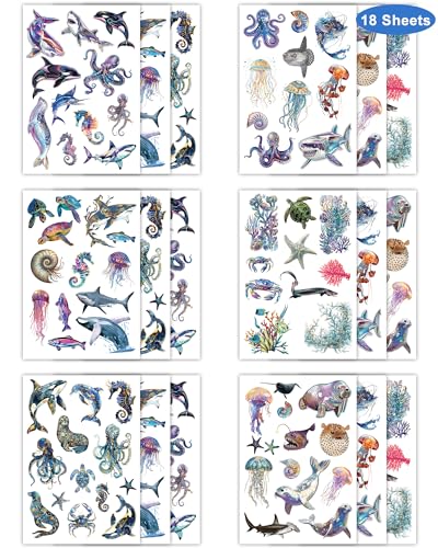 Ocean Life Temporary Tattoos - 210 Pcs, 18 Sheets