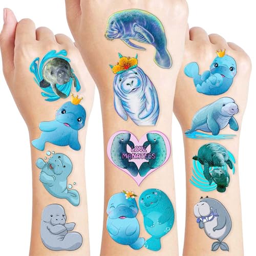 96PCS Cute Manatee Temporary Tattoos - 8 Sheets Ocean Party Favors