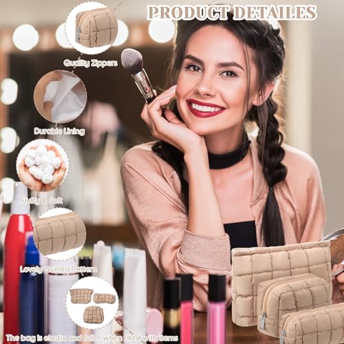 Huhumy 3-Piece Quilted Makeup Bag Set with Zipper