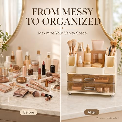 Large Makeup Organizer with 2 Clear Drawers, No Assembly