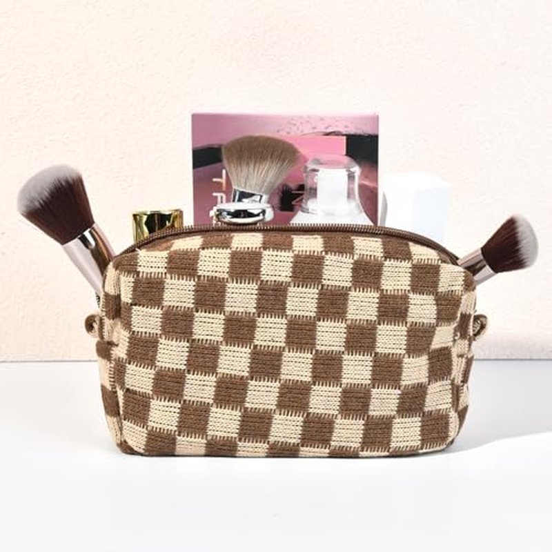 Brown Checkered Makeup Bag 7x4 - Set of 6 Cosmetic Organizers