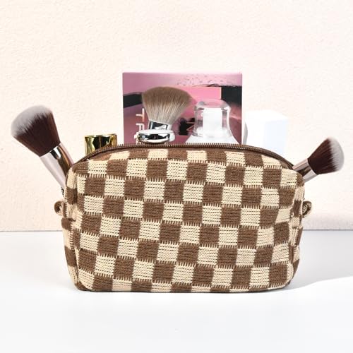 SOIDRAM Checkered Makeup Bag Preppy Cosmetic Bulk Brown Pouch