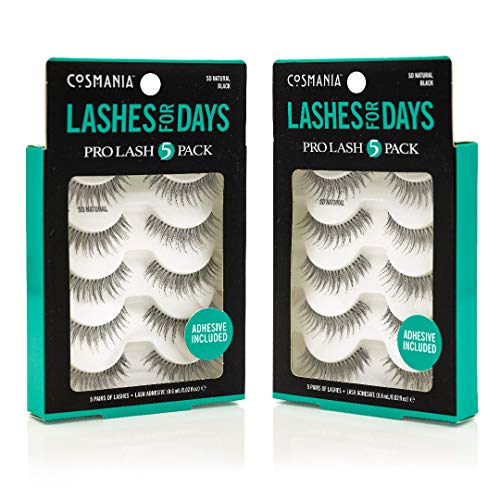 Cosmania Lashes for Days False Eyelashes (So Natural) - Easy to Apply, Natural Looking | Noticeably Fuller Looking Lashes | Adhesive Included | Cruelty Free (5 Pack/2 Pair - Black)