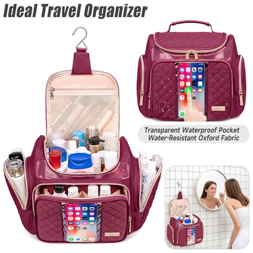 Tealari Wine Red Large Toiletry Bag for Travel, Water-Resistant Shower Caddy with Transparent Phone Pocket