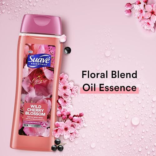Suave Moisturizing Body Wash, with Wild Cherry Blossom and Vitamin E Extract, No Parabens, No Phtahaltes, 18 Oz Pack of 12