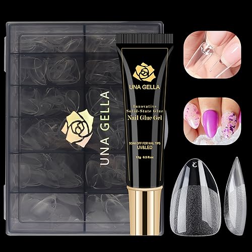 UNA GELLA Gel Nail Kit Nail Extension Kit with Soft Gel Nail Tips Almond Nails Tips 600Pcs with Nail Glue Gel 15ml 1Pcs Innovative DIY Nails Art Home Gelly Tips Acrylic Nail Kit