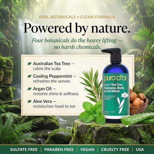 PURA D'OR Tea Tree 3-in-1 Wash - Hair, Body & Foot Care, 16 oz