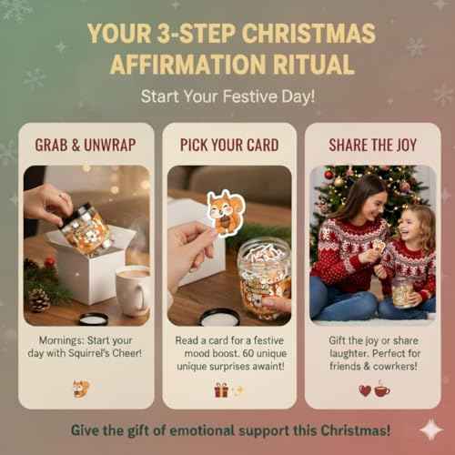 Positive Squirrel Jar With 60 Affirmation Cards, Funny Emotional Support Christmas Gift, Christmas Decor for Home or Office, Cute Squirre Gifts for Women Men and Coworkers, Friends