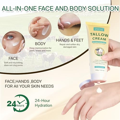 Beef Tallow for Skin, Whipped Grass Fed Beef Tallow Moisturizer, Organic Tallow Face Moisturizer Body Balm Cream, Natural Unscented Deep Nourishment for Dry Skin, 3.5oz