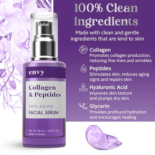 Envy Collagen & Peptides Face Serum - Dermatologist Tested - Locks in Moisture, Skin Tightening, Anti-aging, Hydrating Facial Serum - Korean Skin Care - All Skin Types - 1.69 Fl. oz