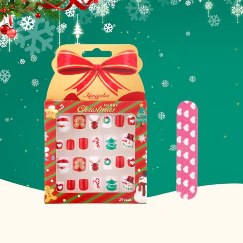 Kids Christmas Day Press-On Fake Nails - Short Full Cover Artificial Nail Tips for Girls