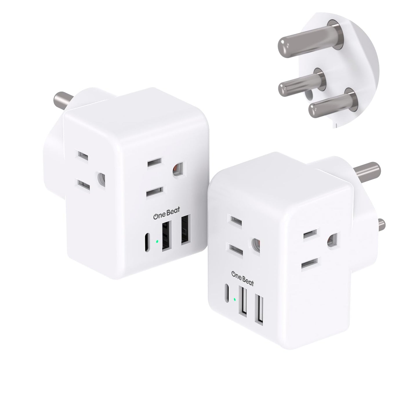 2 Pack India Power Adapter, One Beat Type D Plug Adapter with 3 American Outlets 3 USB Ports(1USB C), 6 in 1 India Travel Plug Adapter for US to India, Bangladesh, Kuwait, Maldives