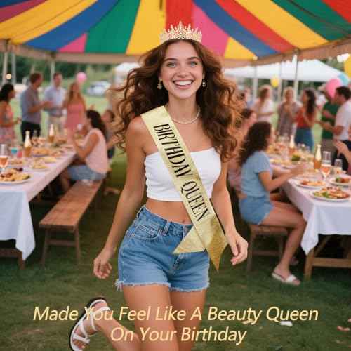 TOBATOBA Birthday Queen Sash and Crown for Women - Gold Rhinestone Tiara and Sash Set for Birthday Decorations Outfits for Women