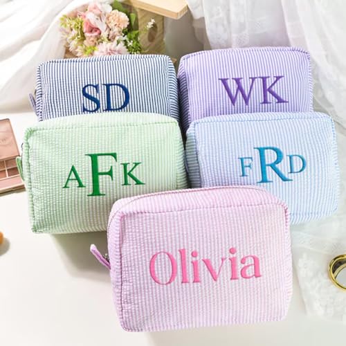 Personalized Cosmetic Bag with Name - Custom Seersucker Makeup Bags for Women, Single Color Embroidery