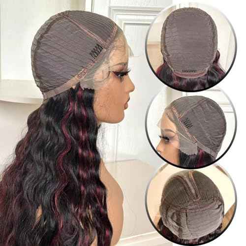 X-TRESS Red Highlight wig Synthetic Lace Front Wigs 30 Inch Loose Deep Wave Lace Frontal Wigs Pre Plucked Natural Black Deep Wave Wigs with Burgundy Highlight for Black Women with Baby Hair