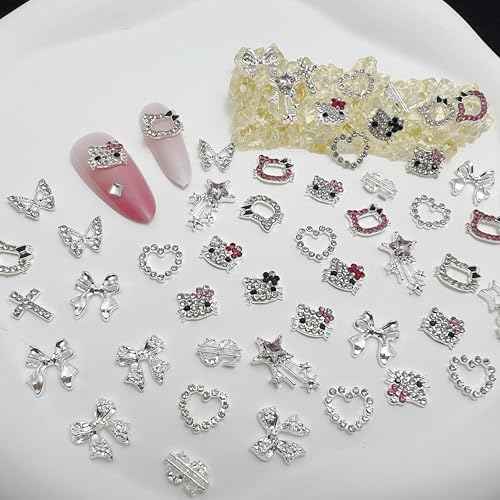 100 pcs 3D Sliver Nail Charms Y2K Cute Nail Charms Set with Kity, Butterfly, Bow, Star, Heart,Cross for Nail Art Decoration Y2K