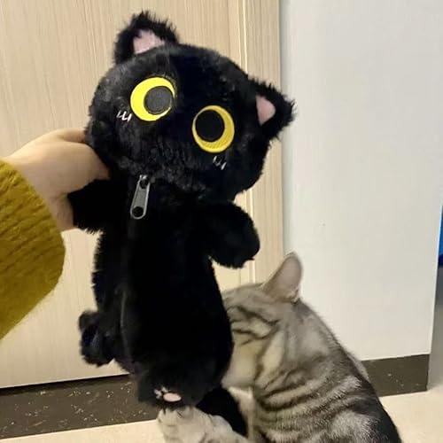 ZQW Cute Kawaii Y2K Plush Furry Cat Kitten Pencil Case Pouch Makeup Bag - Plush Doll Organizer for Cosmetics and Accessories (Black)