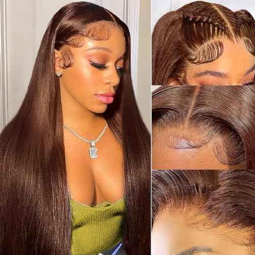 30 Inch Chocolate Brown Lace Front Wig 200% Density 13x4 Straight Full Frontal Wigs Human Hair Pre Plucked with Baby Hair 12A Grade Glueless Chocolate Brown Wig for Women