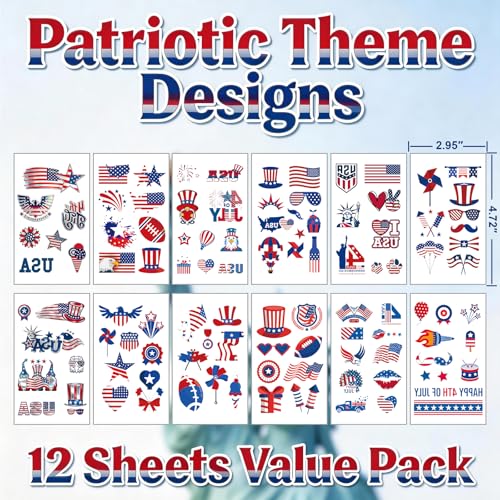 4th of July Temporary Tattoos, 12-Sheet Patriotic Set