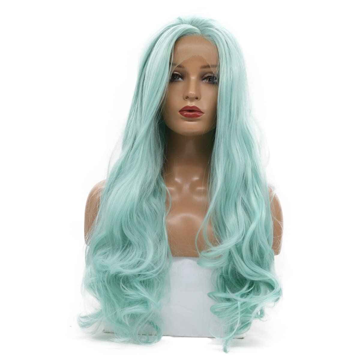 karissa Hair Green Wig Long Wavy Mint Lace Front Wigs Pastel Light Blue Synthetic Realistic Pre Plucked Hairline Glueless Heat Resistant Fiber Replacement Halloween Costume Cosplay Party 24 Inches