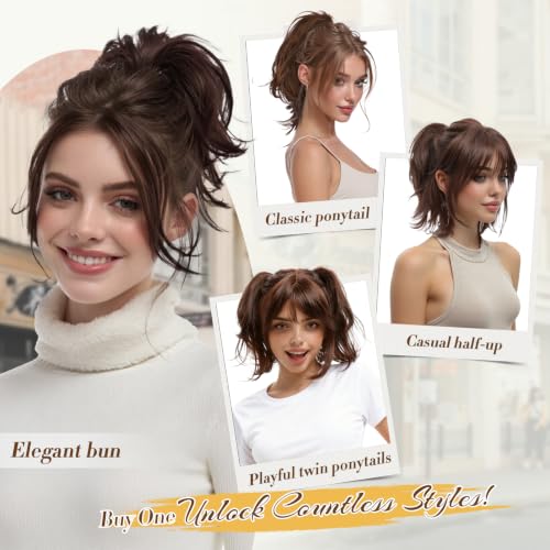 FESHFEN Claw Clip Ponytail Extensions Short Messy Bun Hairpiece - Black Gray White Tips