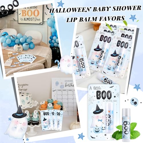 24 Pcs Halloween Baby Shower Favors a Little Boo Is Almost Due Baby Shower Gifts Girl Boy 0.15oz Lip Balms Bulk for Prizes Gender Reveal Souvenirs Gift Bags Stuffers Supplies (Blue)