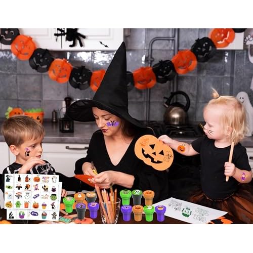 96PCS Halloween Party Favors - 72PCS Pre-Cut Temporary Tattoos & 24PCS Stamps - Ideal Scary Themed Birthday Card Decorations Supplies Goodie Bag Baby Shower Kids Gifts Classroom Rewards Prizes Costume