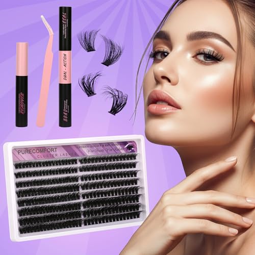 DIY Lash Extension Kit, 192 Cluster Lashes 2 Densities (150P/200P) 10-18mm Mixed Length, Knot-Free Handmade Lashes with Bond/Seal Glue, Remover & Tweezers, Beginner-Friendly for Daily & Party Looks