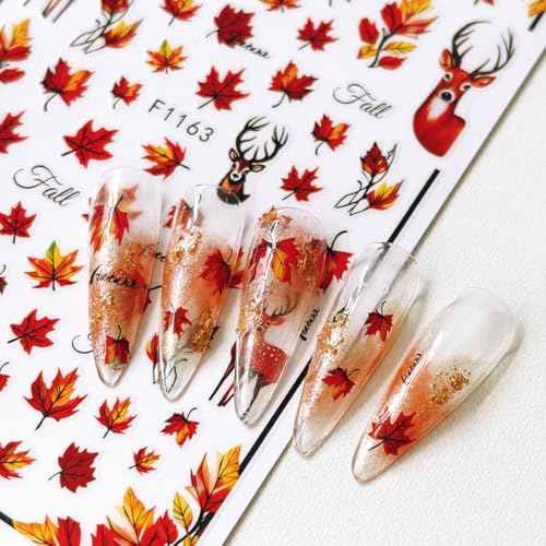 Fall Nail Art Stickers Autumn Maple Leaf Nail Decals 6PCS Autumn Leaves Deer Design 3D Self-Adhesive Nail Art Decorations Supplies Fall Stickers for Nails Women Thanksgiving Day DIY Manicure Decor