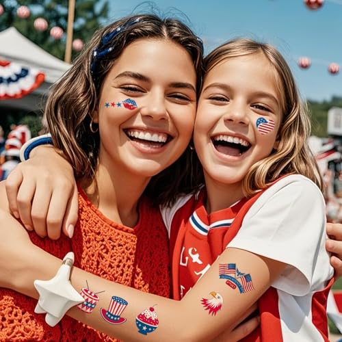 4th of July Temporary Tattoo Adults Fake Tattoos Independence Day Fourth of July Waterproof Body Art Stickers Red White Blue Memorial Decorations for Labor Day Party USA National Flag 20 Sheets