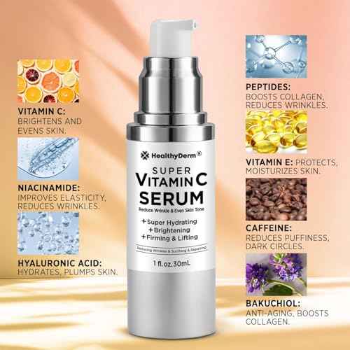 Super Vitamin C Serum for Women Over 70: Niacinamide, Vitamin C, Hyaluronic Acid, Peptides, Vitamin E, Caffeine, Bakuchiol, Hydrating, Lifting, Wrinkle & Age Spots Reduction Pack of 2