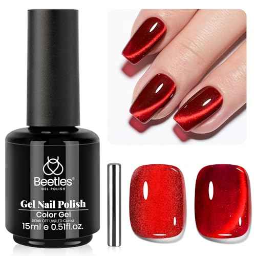beetles Gel Polish Ruby Red Cat Eye Gel Nail Polish - 15ML Christmas Red Cat Eye Glitter Gel Polish Magnetic Shimmer Effect Soak Off UV French Nail Art Design Salon DIY Manicure Gifts for Wome