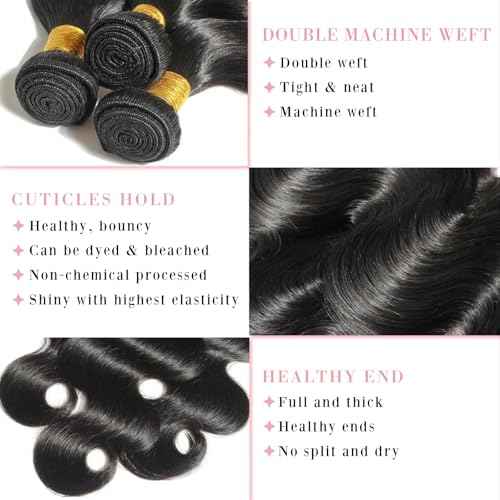 12A Body Wave Bundles Human Hair 16 18 20 Inch Human Hair Bundles 100% Unprocessed Brazilian Virgin Hair Body Wave 3 Bundles Human Hair Extensions Natural Black