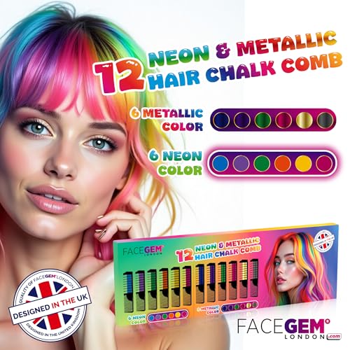 Hair Chalk Combs 12 Neon & Metallic Colors - Easy Washable
