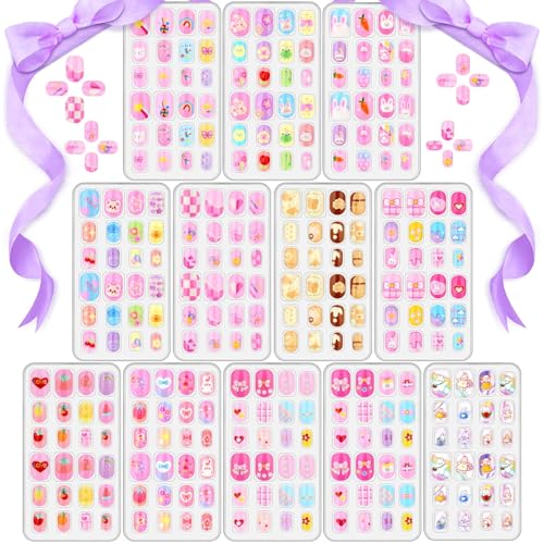 Kids Pink Fake Nails Set with 288 Self-Adhesive Press On Tips for Girls 8-12
