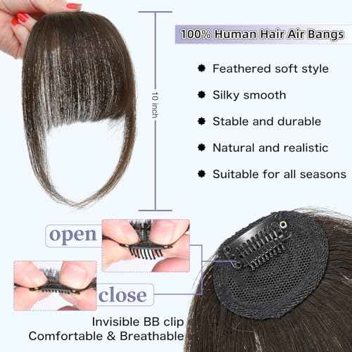 Wispy Bangs Hair Clip, 100% Human Hair Clip In Dark Brown Bangs for Women, Soft Layered Fake Bangs with Feathered Fringe, Easy Clip-On Design for Daily Wear & Halloween
