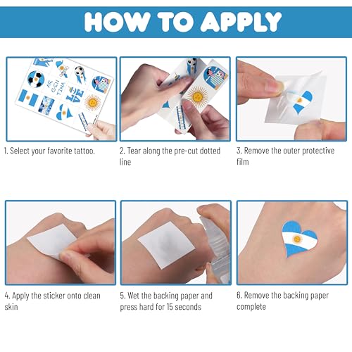 96 PCS Argentina Pre-Cut Soccer Flag Temporary Tattoos Themed Birthday Party Decorations Supplies Decor Favors Football Blue Argentinian Tattoo Stickers Gifts For Game Boys Girls Class School Prizes